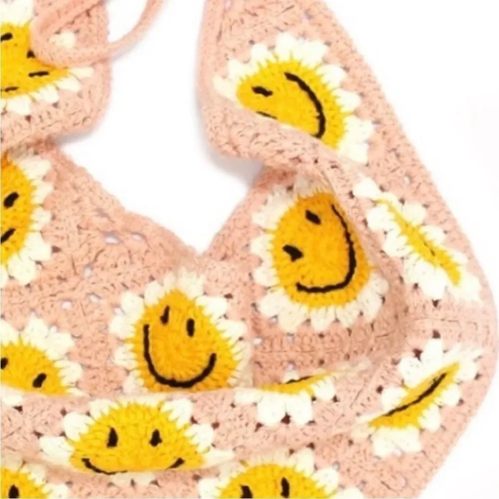 Crochet Triangle Smiley Face Headscarf Bandana in Pink, White & Yellow